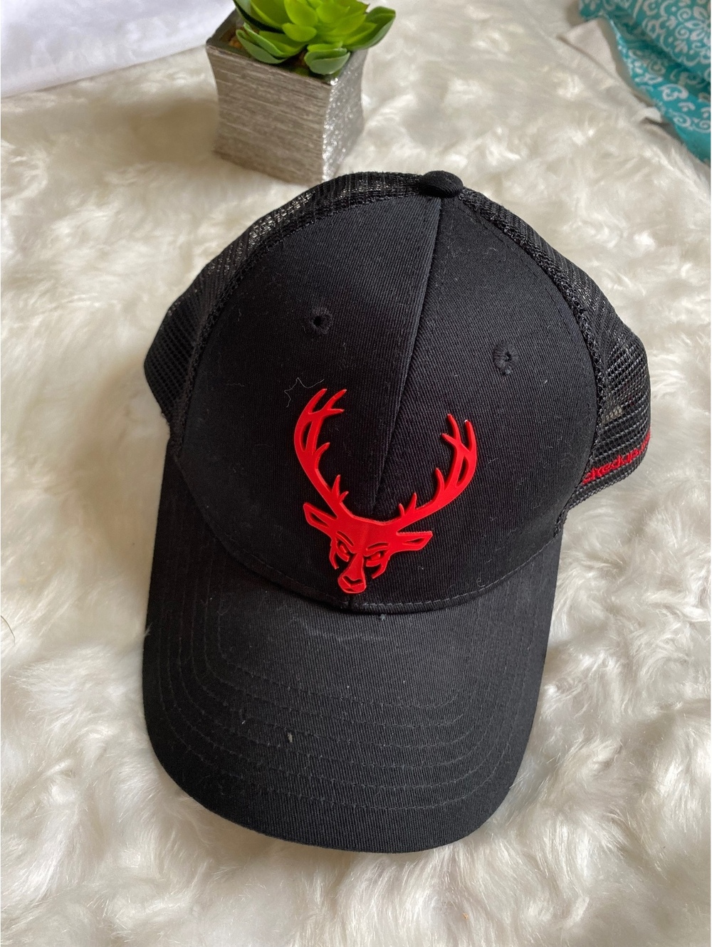 Bucked Up Black Mesh Snapback Hat with Red Deer Logo